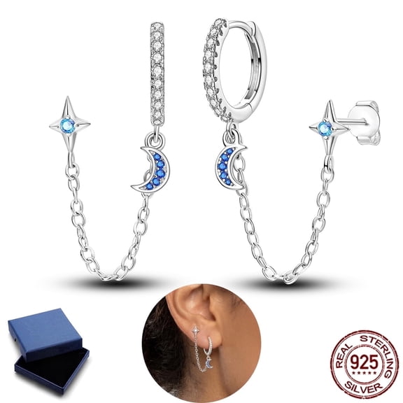 NARMO 925 Sterling Silver Double Layer Star Moon Hoop Earrings for Women, Hypoallergenic Sparkling AAA CZ Jewelry Gift with Box