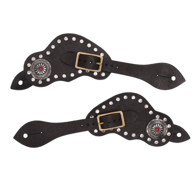 1Pair Éperon Cuir Strass Western Style Vintage Cheval Équipement de Protection pour Extérieur Noir
