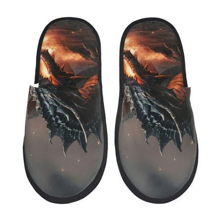 Balery Fiery Black Dragon Attack Slient Indoor Furry Fleece Comfort House Shoes Soft Non-Slip Home Shoes Cotton slippers House Slippers-- Large