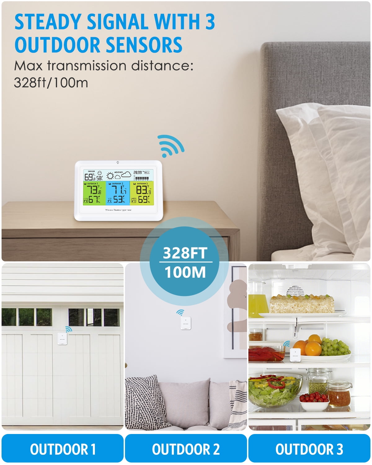 Weather Station, AMIR Indoor Thermometer with 3 Sensors Alert Barometer Pressure Backlight Forecast Outdoor Thermometer Humidity Gauge for Home Greenhouse Office