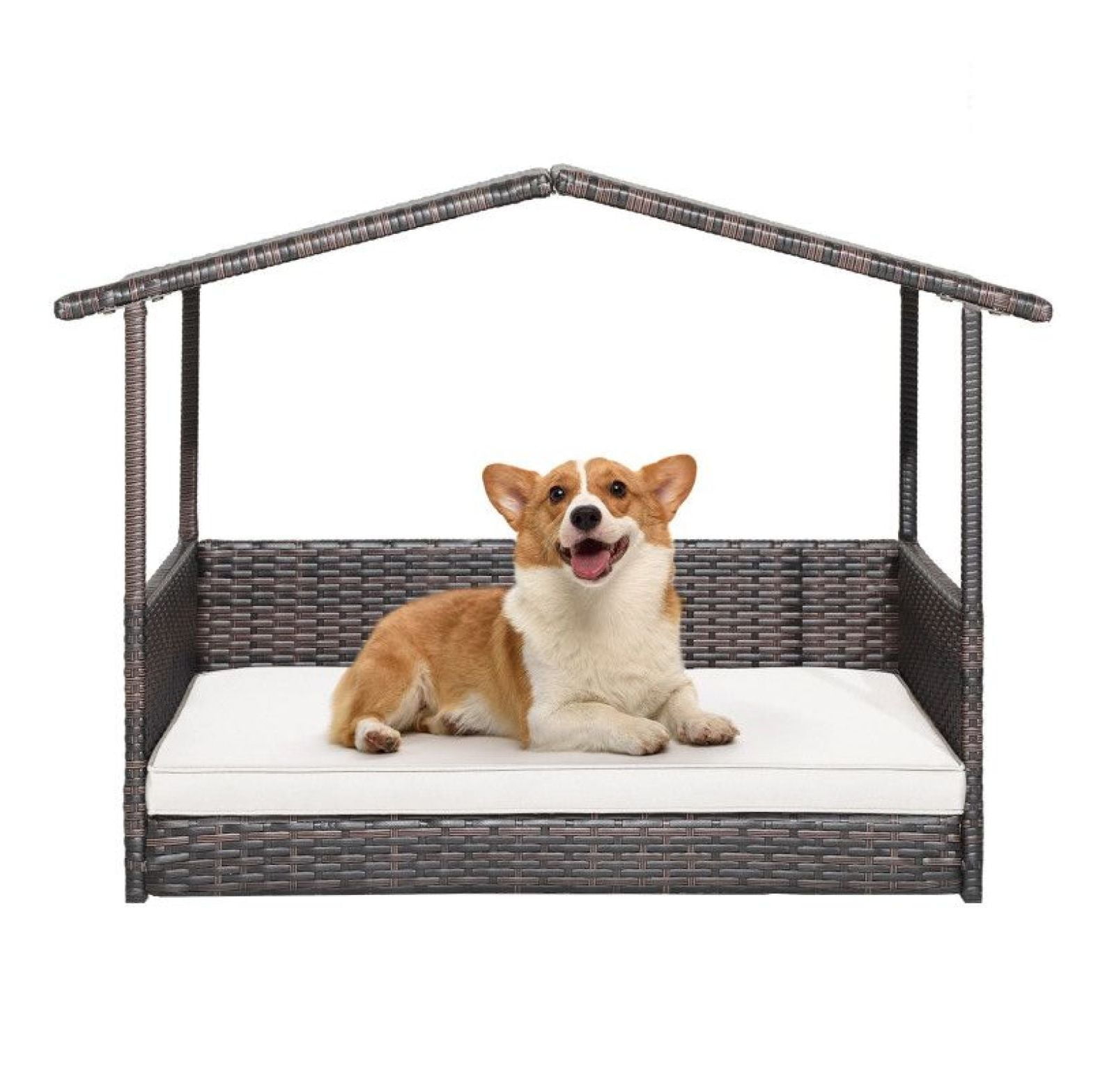 Wicker Dog House Outdoor Indoor, Weatherproof Rattan Dog Bed with Cushion - Large Dog House for Yard, Porch, Living Room - Elevated Pet Bed