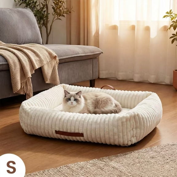 Exnote Comfy Corduroy Bolster Pet Bed, Dog Bed & Cat Bed, Striped Fleece Rectangle Pet Bed with Raised Rim, Washable Soft Plush Puppy Bed,Beige