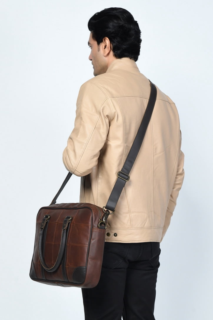 Two Tone Brown Leather Checkerboard Laptop Brief