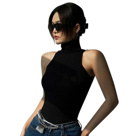 Yokua Women Plain Solid Color Sleeveless Crop Top Turtleneck Ribbed Knit Basic Vest