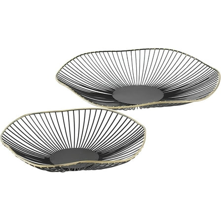 Modernist Centerpiece Bowls, Set of 2, Decorative, Spoke Details, Black With Gold Gilt Rim, Flat Bottom, 15.75 Diameter x 2.5 Tall Inches and 11.75 D x 2.25 Tall Inches