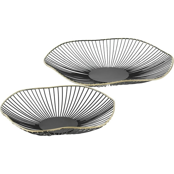 Modernist Centerpiece Bowls, Set of 2, Decorative, Spoke Details, Black With Gold Gilt Rim, Flat Bottom, 15.75 Diameter x 2.5 Tall Inches and 11.75 D x 2.25 Tall Inches