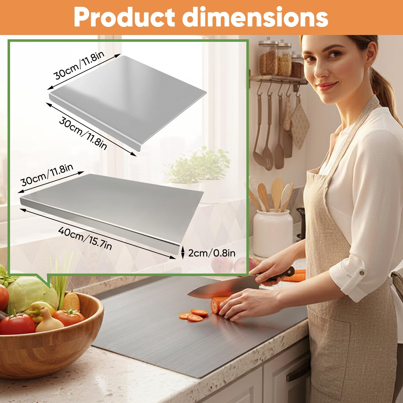 sakerplus stainless steel cutting board 11.8'' x 15.7'' (30x40 cm) with Lip,single stainless steel cutting board food prep,metal cutting board,stainless steel countertop cutting board,Easy To Clean