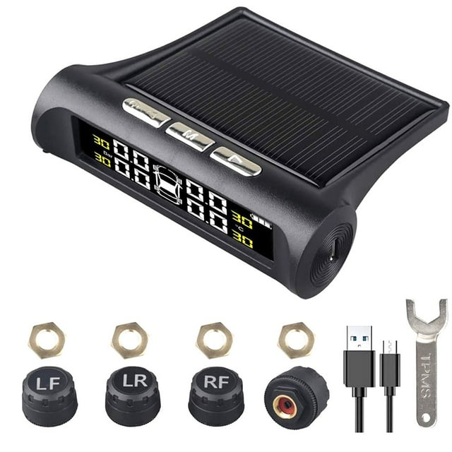 LCD Tire Pressure Monitoring System Solar Wireless TPMS with 4 Sensor Waterproof USB Charging Auto Alarm System for Truck RV Trailer Car