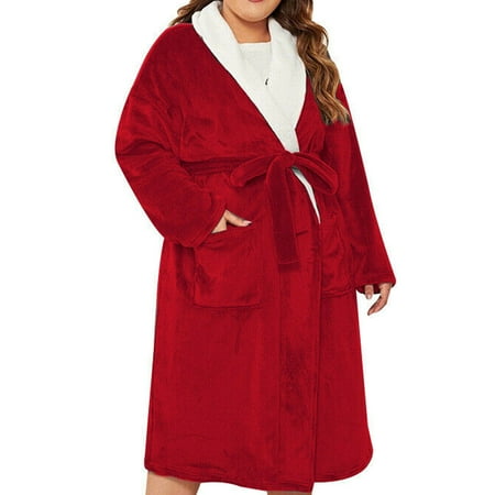 

Women coat Women s Lapel Thick Warm Pocket Belt Mid-length Pajamas Bathrobe Home Service