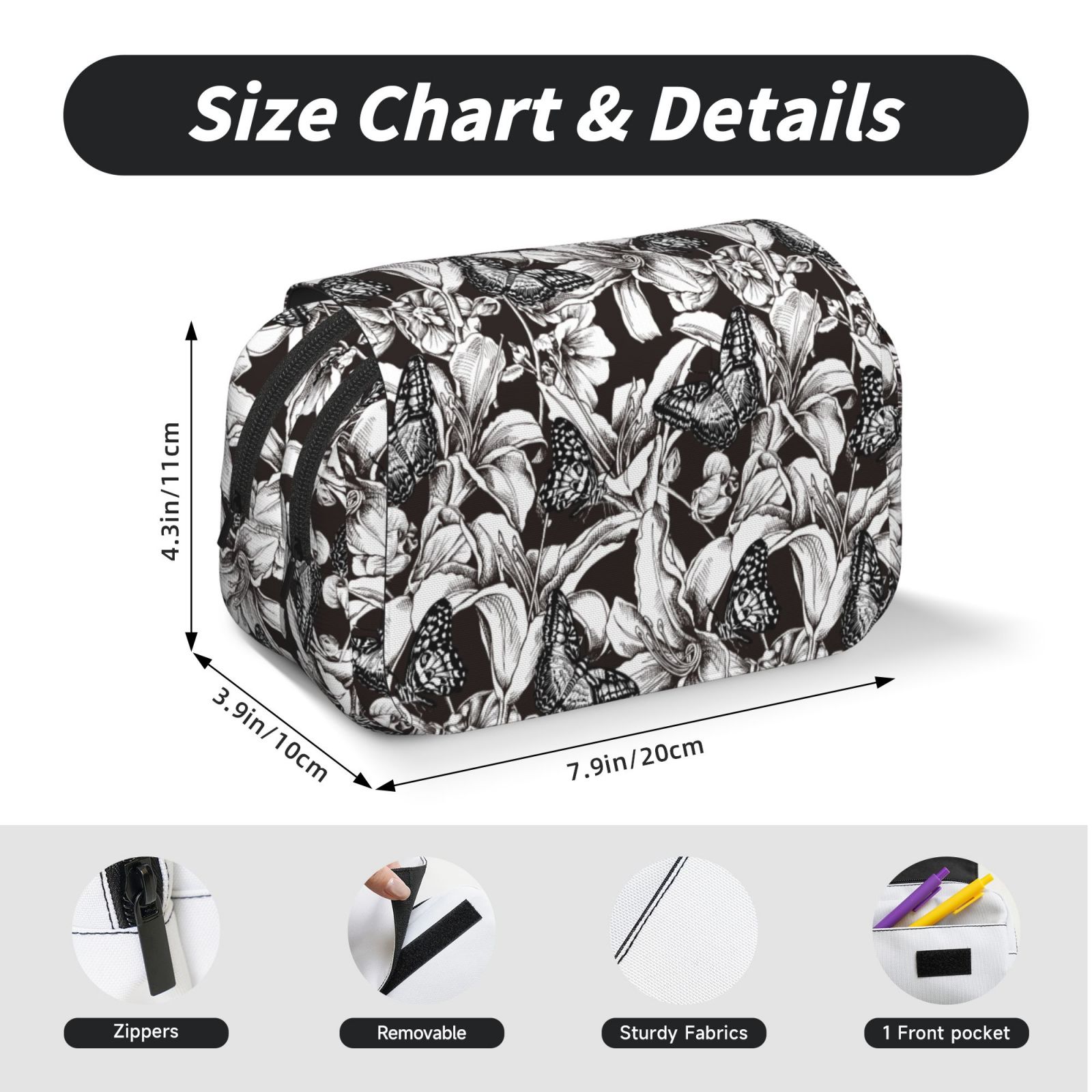 Rateoe Lilies Flowers Pattern Double Clamshell Pen Case, Storage Organizer with Two Zipper Compartments– Holds Up to 50 Pencils & Pens