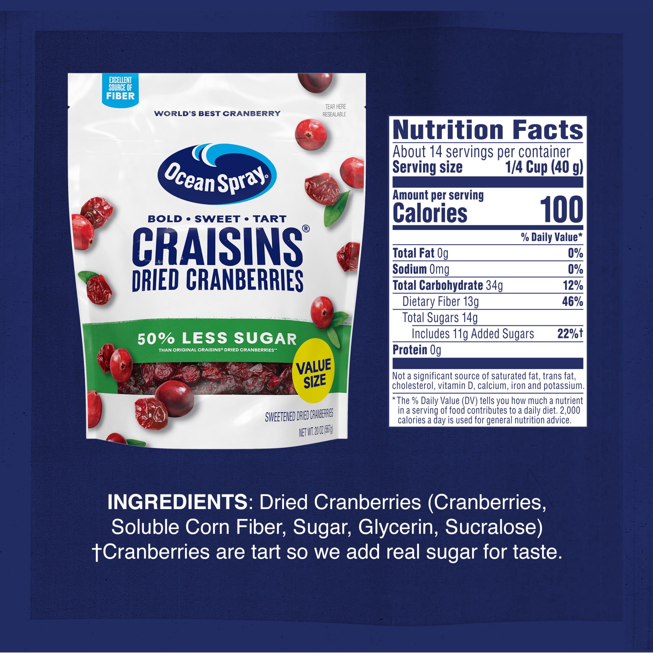 (4 pack) Ocean Spray® Craisins®, 50% Less Sugar Dried Cranberries, Dried Fruit, 20 oz Pouch