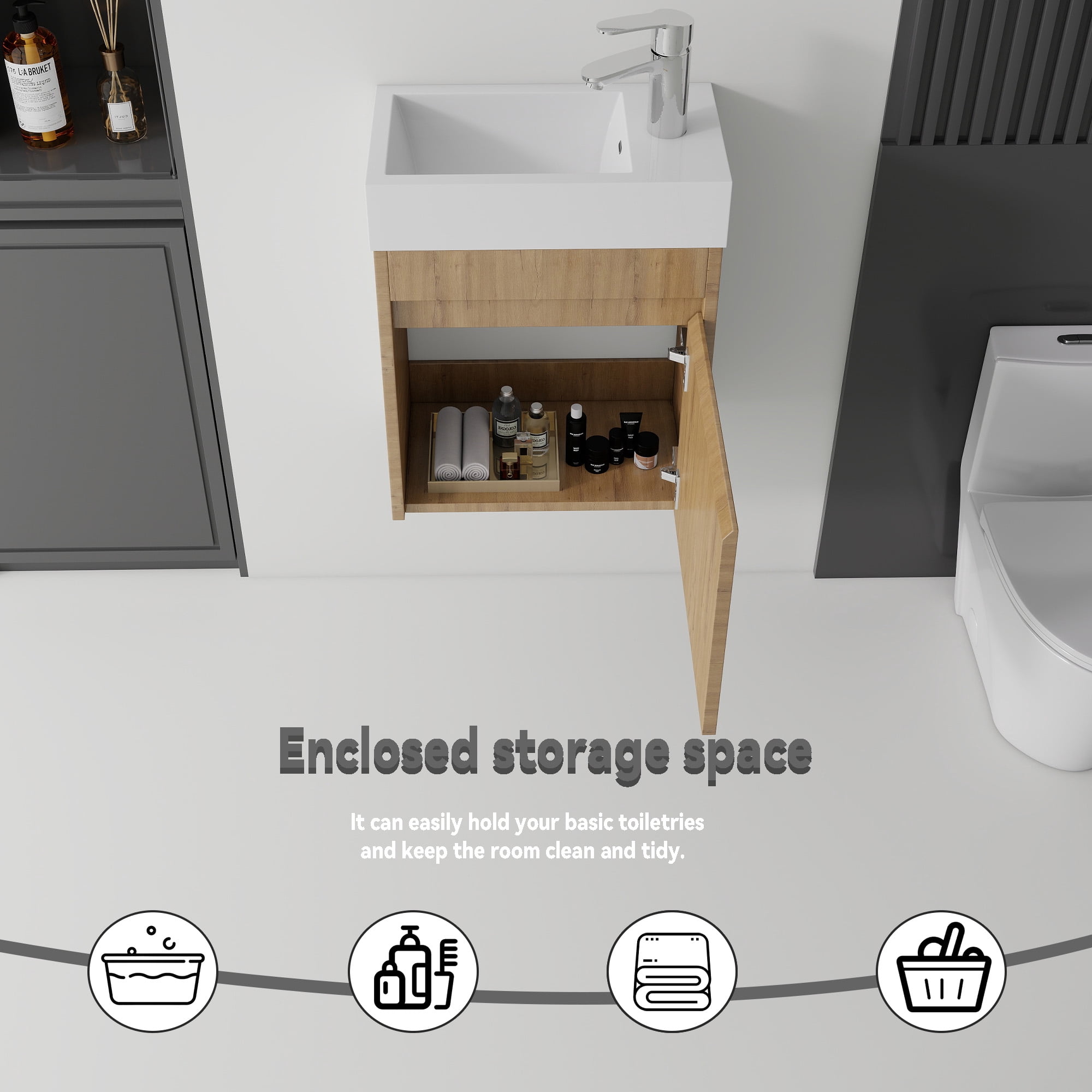Leumius 18" Floating Bathroom Vanity with Ceramic Sink,Modern Wall Mounted Basin Cabinet with Soft-Close Doors for Small Bathrooms,Oak