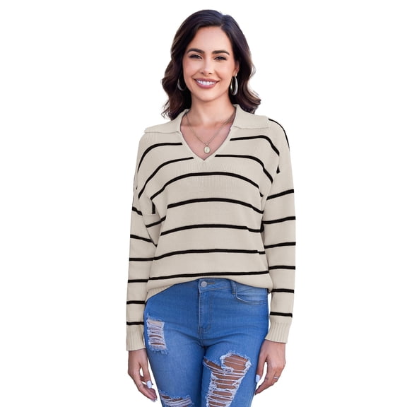 Scacto Women's Striped Pullover Sweater Casual Loose Color Block Long Sleeve V Neck Knitted Jumper Tops
