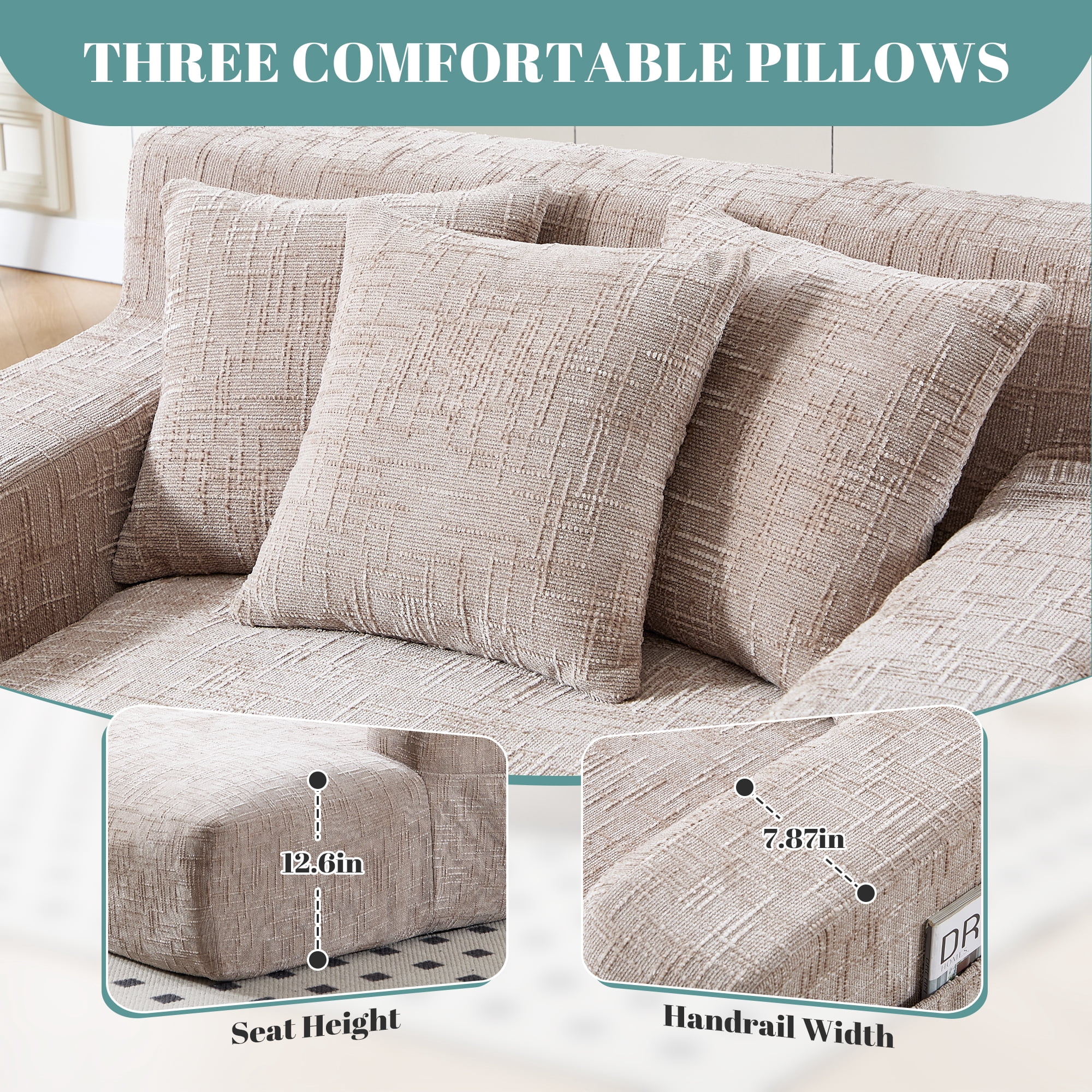 MOONMISS Chenille Upholstered Deep Seat Bean Bag Lazy Sleeping Sofa Chair with Three Pillows and Side Pocket-Khaki