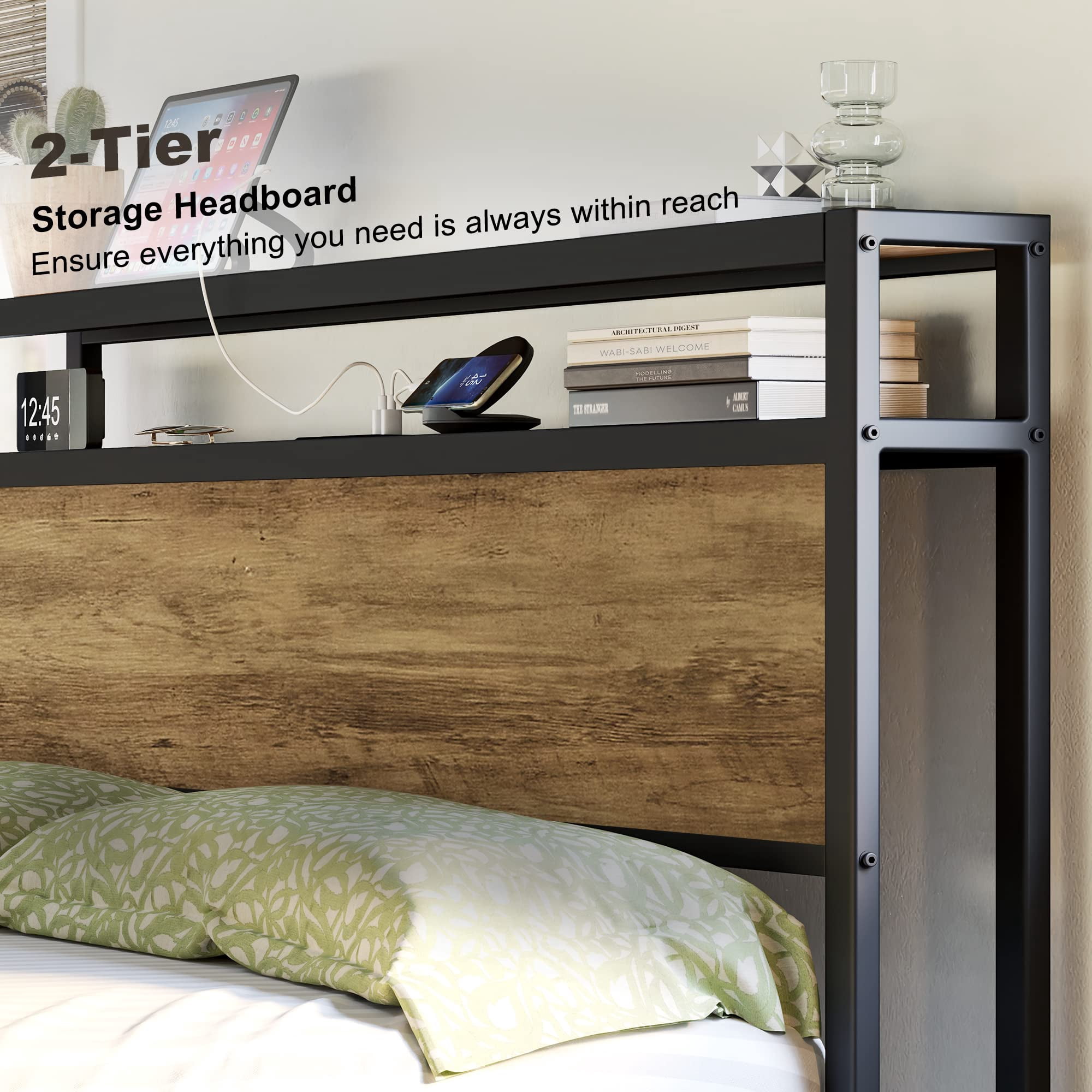 VanAcc Metal King Size Bed Frame with 2-Tier Storage Headboard and Charging Station, Light Brown