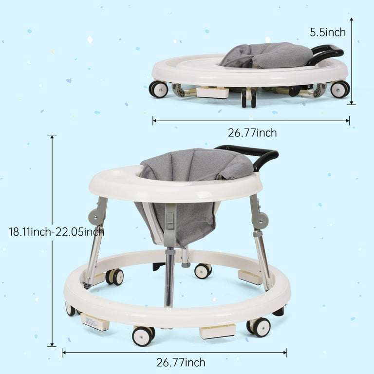 HKAI Baby Walker, Portable/Foldable/9 Adjustable Heights/with Wheels/Non-Slip Placement for 6-12 Months, White