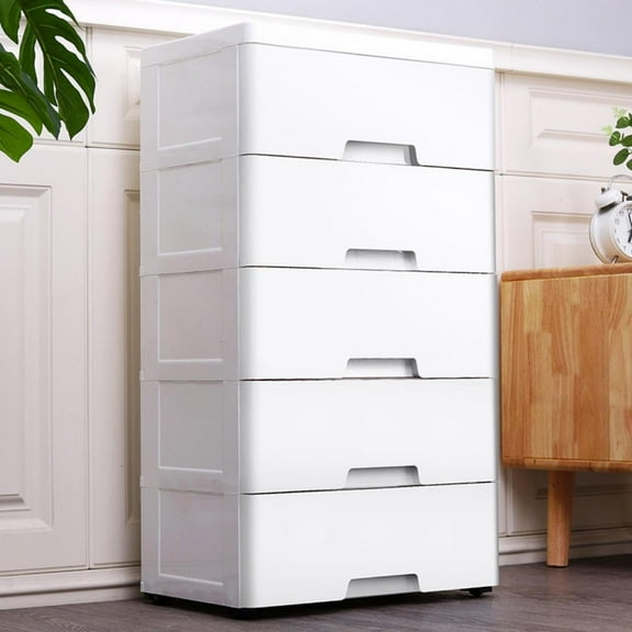 5 Tiers Storage Cabinet with Drawers, 33βH Γ 17βW Stackable Storage Tower with Removable Wheels Mobile Plastic Storage Organizer Units White for Home Office