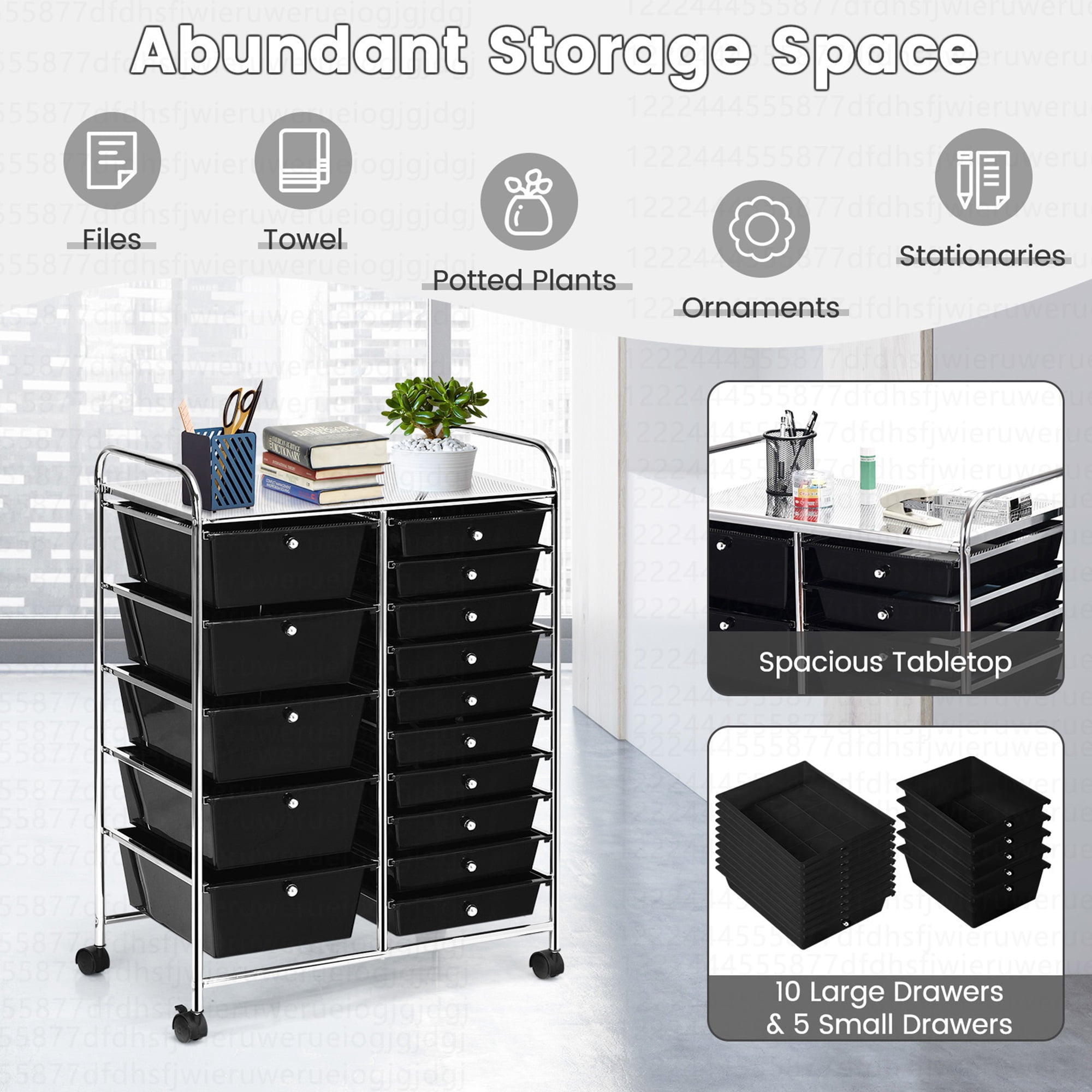 Costway 15 Drawer Art & Craft Rolling Storage Cart Tools Scrapbook Paper Office School Organizer Black