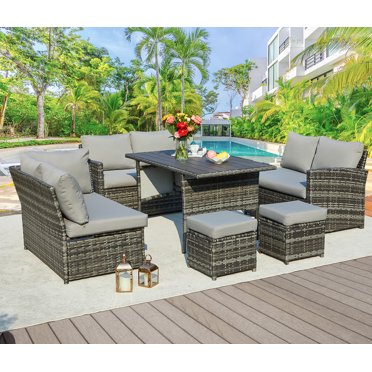 Outdoor Sectional Sofa Set, 4 Pieces Patio Furniture Sofa Set, V-Shaped Aluminum Rattan Wicker Conversation Set Outside Couch With Coffee Table And Soft Cushion For Lawn Backyard, Garden - Blue