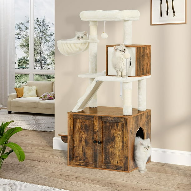 Cat Tree with Litter Box Enclosure,Modern Cat Tower with Pedal and Ramp