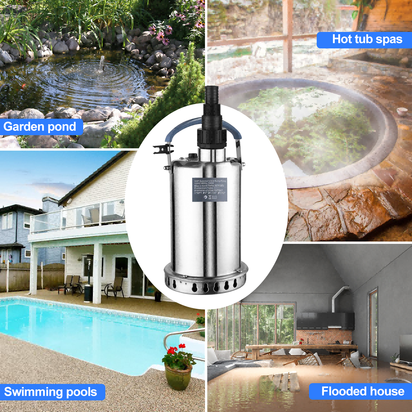 Sump Pump Submersible Water Pump 1.2HP 4500GPH Stainless Steel Portable Water Transfer Pump Electric for Pool Draining Hot Tub Basement Utility Pumps