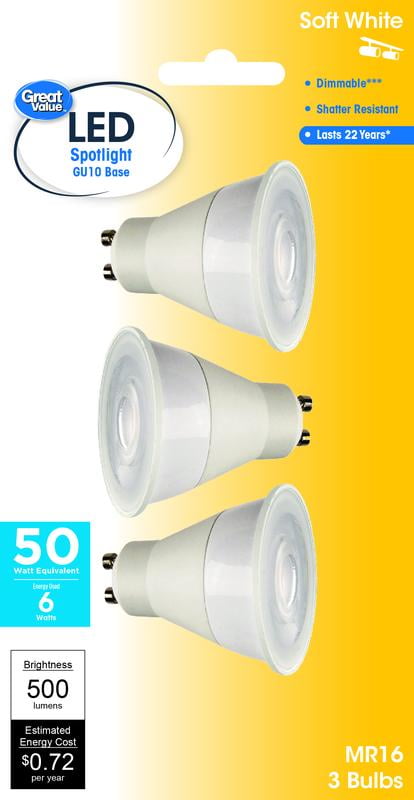 Great Value LED Light Bulb, 7 Watts (50W Equivalent) MR16 Lamp GU10 Base, Dimmable, Soft White, 3-Pack