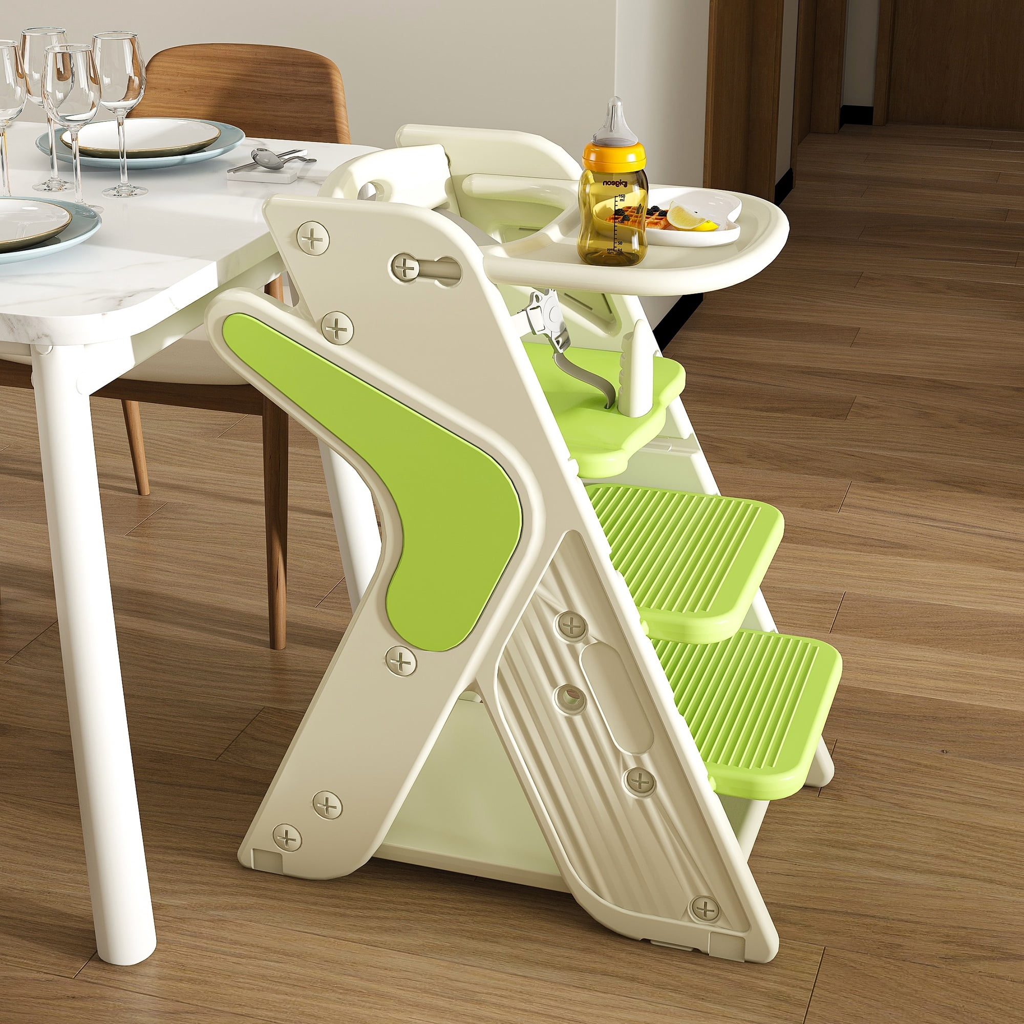 Wohh 3 in 1 Multi Functional Growing Up Dining Chair for Eating, Convertible Baby High Chair Toddler Learning Tower & Step Stool, Adjustable Height with 5-Point Harness, Removable Tray(Green)