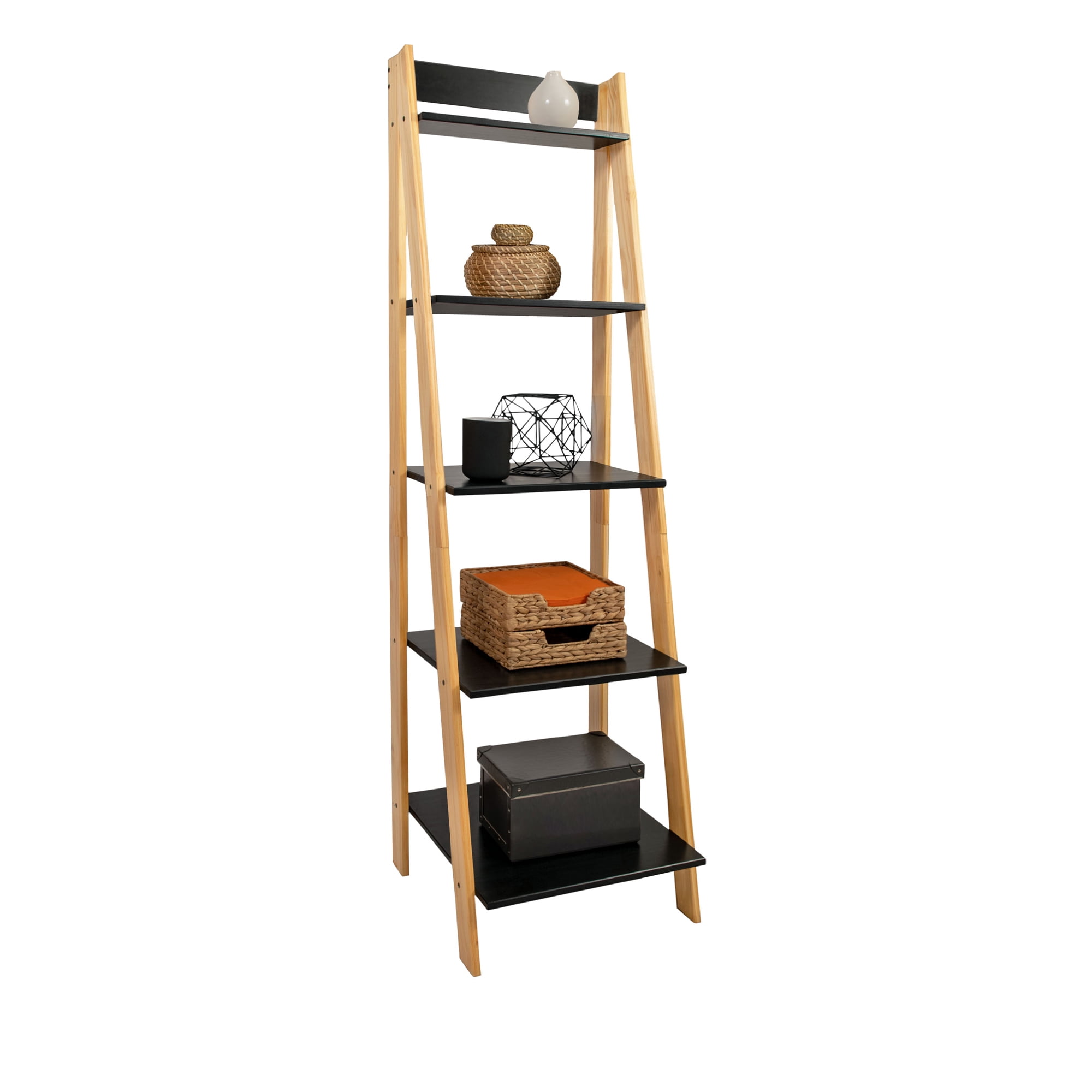 Adeptus Solid Wood 5 Shelf Ladder Bookcase - Black