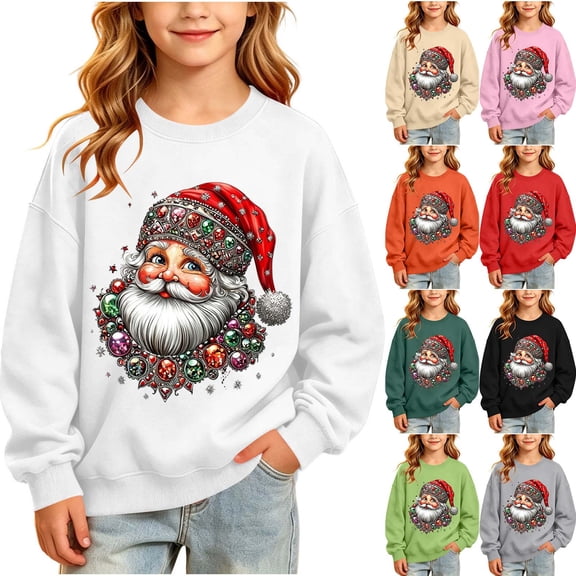 Falkdiz Girls Sweatshirts Crew Neck Warm Inner Christmas Pullover Thin Crew Neck Casual Long Sleeve Gifts Tops for Girls Party , Army Green , Size: 100
