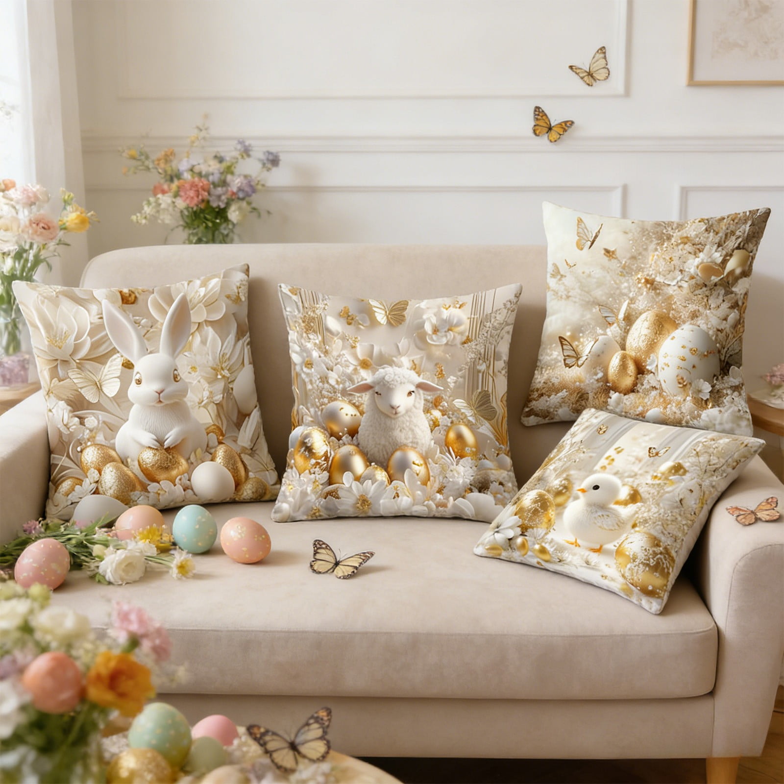 Easter Pillow Covers Set of 4, Bunny and Egg Pattern Spring Decorative Throw Pillow Covers 18x18 Inch for Sofa Couch Living Room, Soft Fabric Easy Care