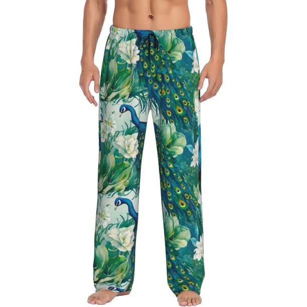Fotbe Peacock And Flowers Pantalones de Pijama para Hombre, Pantalones de Dormir, Pantalones de Casa con Cintura Ajustable y Bolsillos-Small
