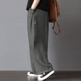 thumbnail image 4 of Pantalones de pierna ancha de lino de algodón para mujer, bolsillos en la cintura elástica MABOTO Gris/4X-grande, 4 of 7