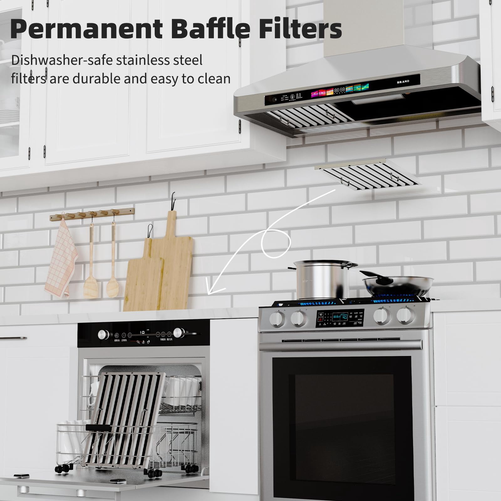 BRANO 36 inch Wall Mount Range Hood,900 CFM Stove Vent Hood with Voice/Gesture/Touch Control,Stainless Steel Kitchen Hood Vent with 4 Speed Exhaust Fan, LED Adjustable Lights, Memory Mode