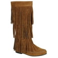 thumbnail image 2 of Women's Knee High Mid Calf Boots Ruched Suede Slouch Knitted Calf Buckles (Fringe, Tan 5.5), 2 of 2