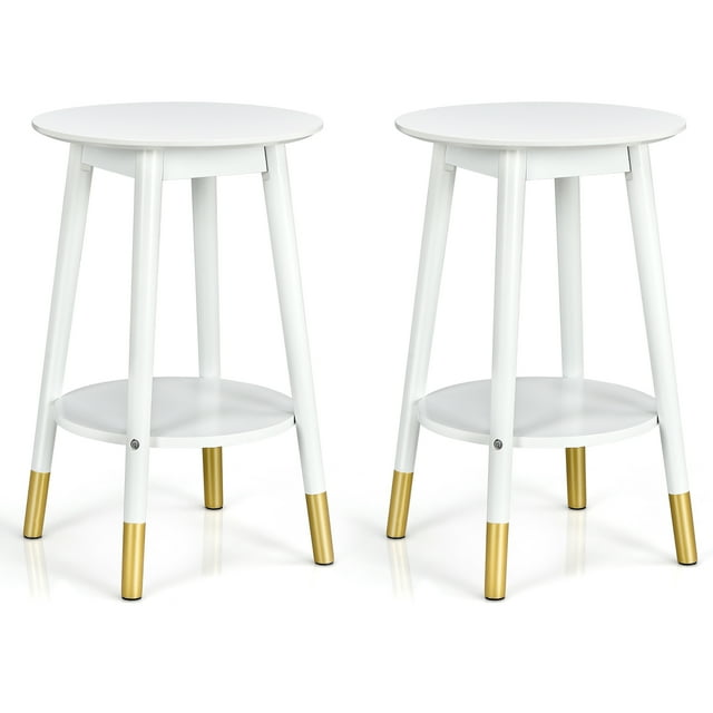 Costway 2PCS Table Ronde Table de Rangement Étagère Décoration d'Appoint Table d'Appoint Blanc