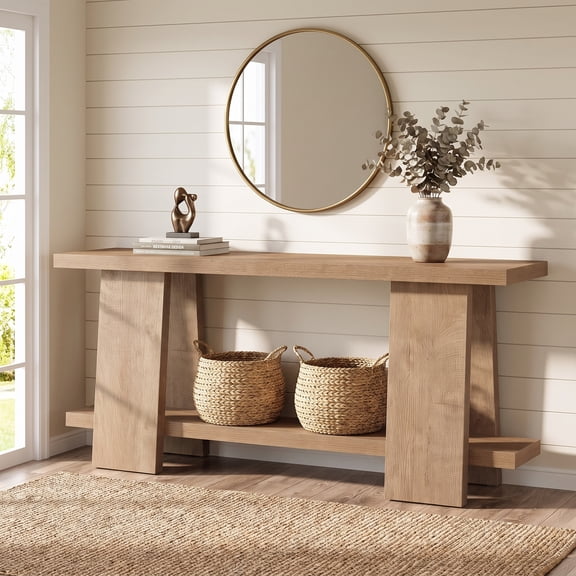 Fnova 70.9" Farmhouse Console Table, 2-Tier Extra Long Narrow Entryway Table, Natural Wood Sofa Table for Living Room, Hallway, Foyer