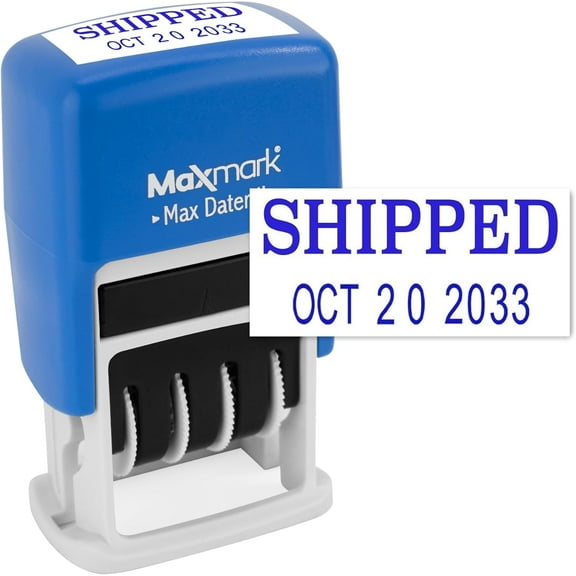 MaxMark Self-Inking Rubber Date Office Stamp with SHIPPED Phrase & Date - BLUE INK (Max Dater II)