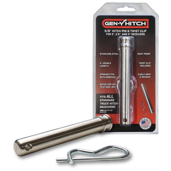 GEN-Y Hitch Stainless Steel Hitch Pin - 5/8" x 4" Usable Length with Self-Locking Twist Clip