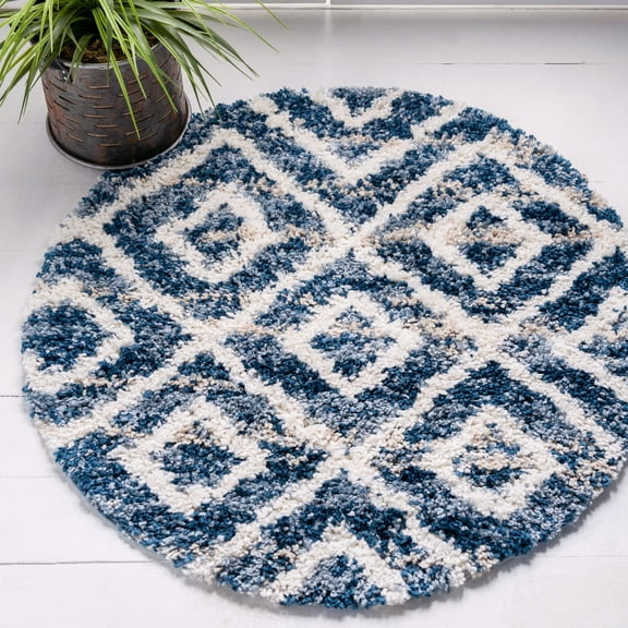 Unique Loom Hygge Shag Collection Area Rug - Diamond (3' 3" Round Blue/Beige)