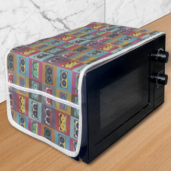Retro Microwave Oven Cover, Hippie Design of Audio Cassettes in Squares Dance to the Nostalgic Music 70's 60's, Water Resistant Organizer with Pockets for Kitchen, 36" x 12", Multicolor, by Ambesonne