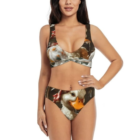 Zeuib Cartoon Scottish Duck High Waisted Tummy Control Bikini Set - Knot Front Push Up Top & Cheeky Thong Bottom  Two-Piece Swimsuit for Women-Medium