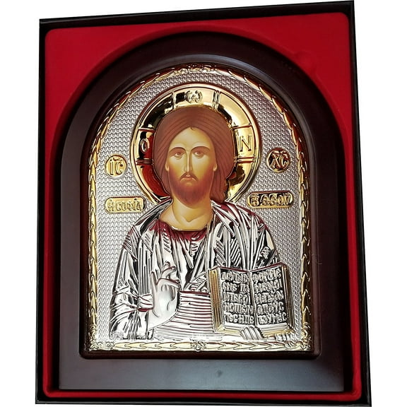 Jesus Christ Orthodox Pantocrator Silver plated Byzantine Icon - Large ( 10 x 8 Inches )