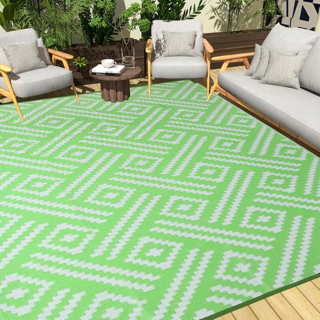 SHIQI-Outdoor Rug 8x10 Patio Waterproof, Large Outdoor Plastic Straw Rug, Reversible Out Door Carpet for Camping, Deck, Rv, 8 x 10 Area Carpet for Balcony, Porch, Backyard, White and Green