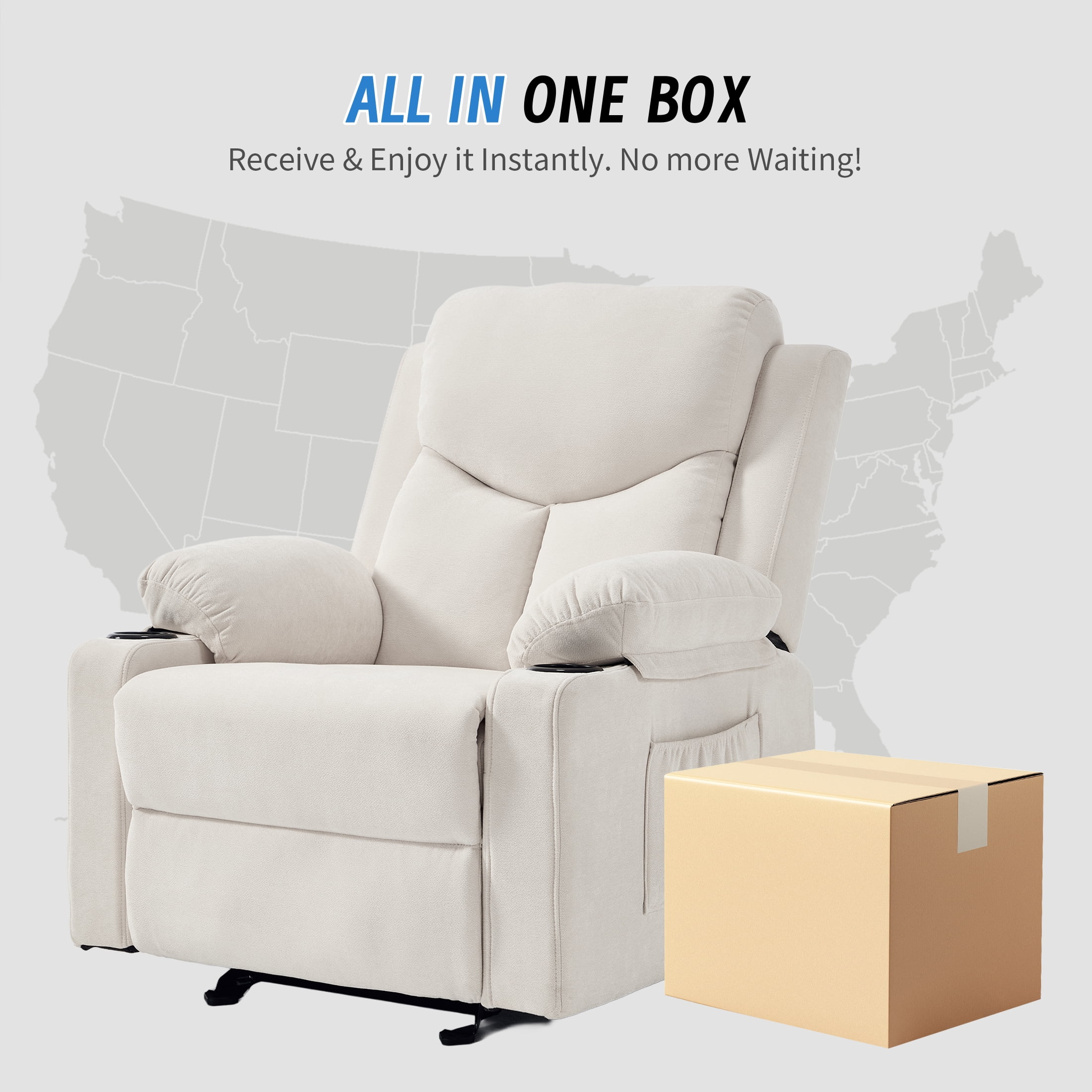 Manual Rocker Recliner Chair for Adults with Vibration Massage,Glider Rocking Recliner Chairs for Living Room Bedroom Overstuffed Soft Reclining Sofa Chair with Pockets and Cup Holds (Beige)