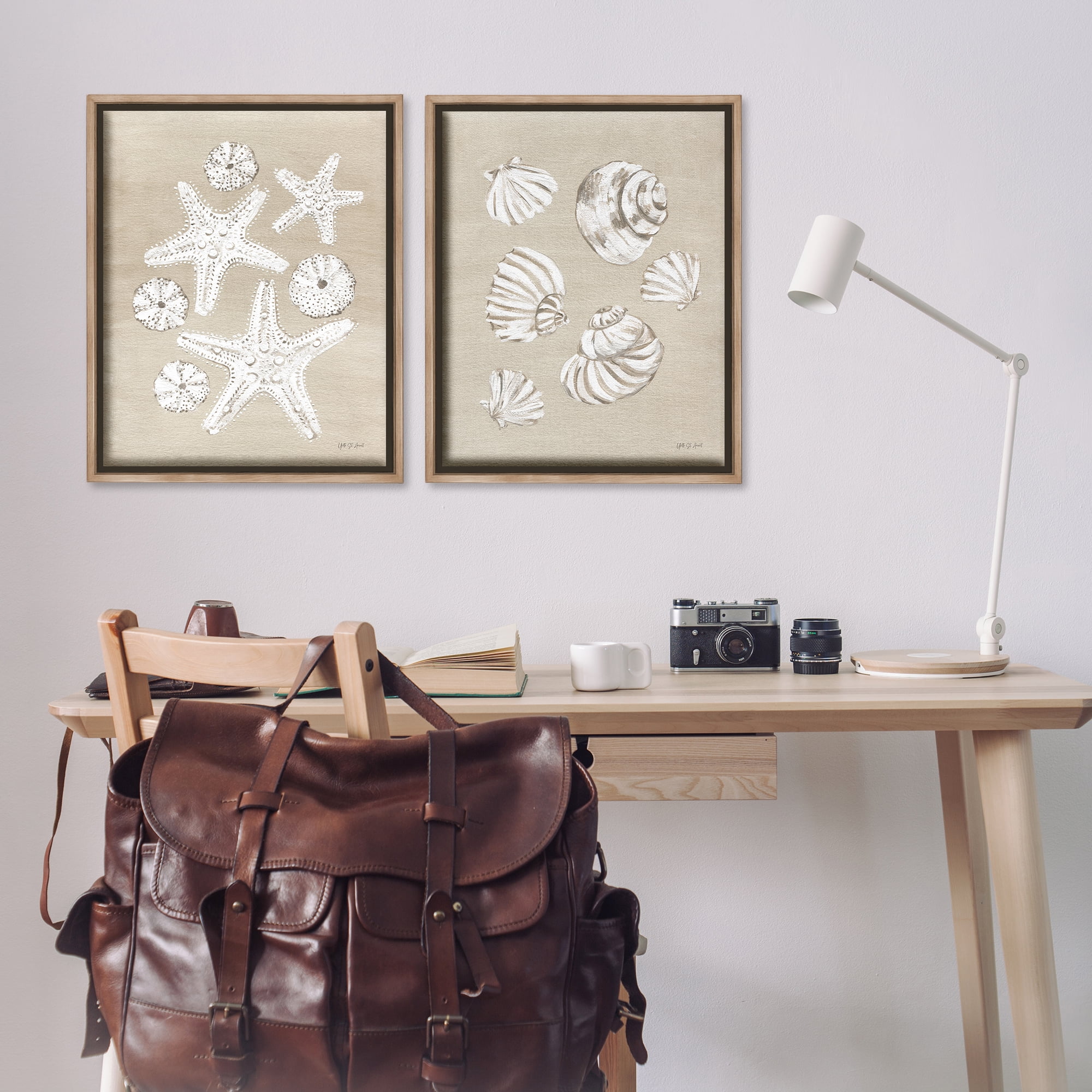 Stupell Industries Beach Treasure Starfish Shells Nautical & Beach Painting Brown Floater Framed Canvas Art Print Wall Art, 31 x 25, Set of 2