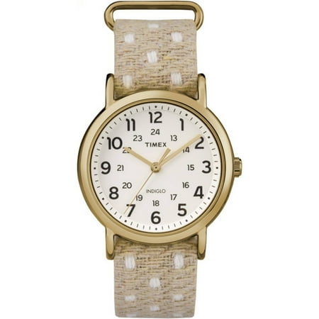 Timex Unisex Weekender Watch, Beige Polka Dot Fabric Over Leather Slip-Thru Strap
