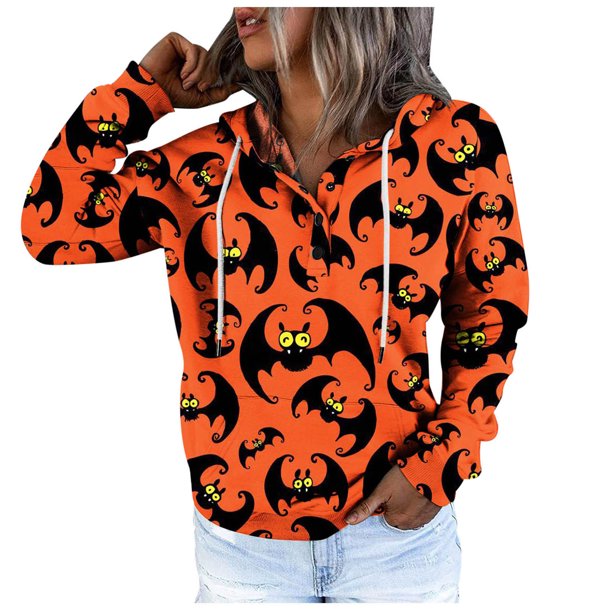 Sudaderas con capucha informales para mujer, sudadera de manga larga con estampado de Halloween de otoño, jersey con cordón y botones, blusa superior con bolsillo Fridja fjkfkj5454