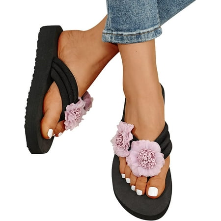 

Comfy Sandals for Women Skinny Slippers for Women Ladies Summer Flip Flops Open Toe Flowers Bohemian Sandals Casual Shoes (Purple 7.5)