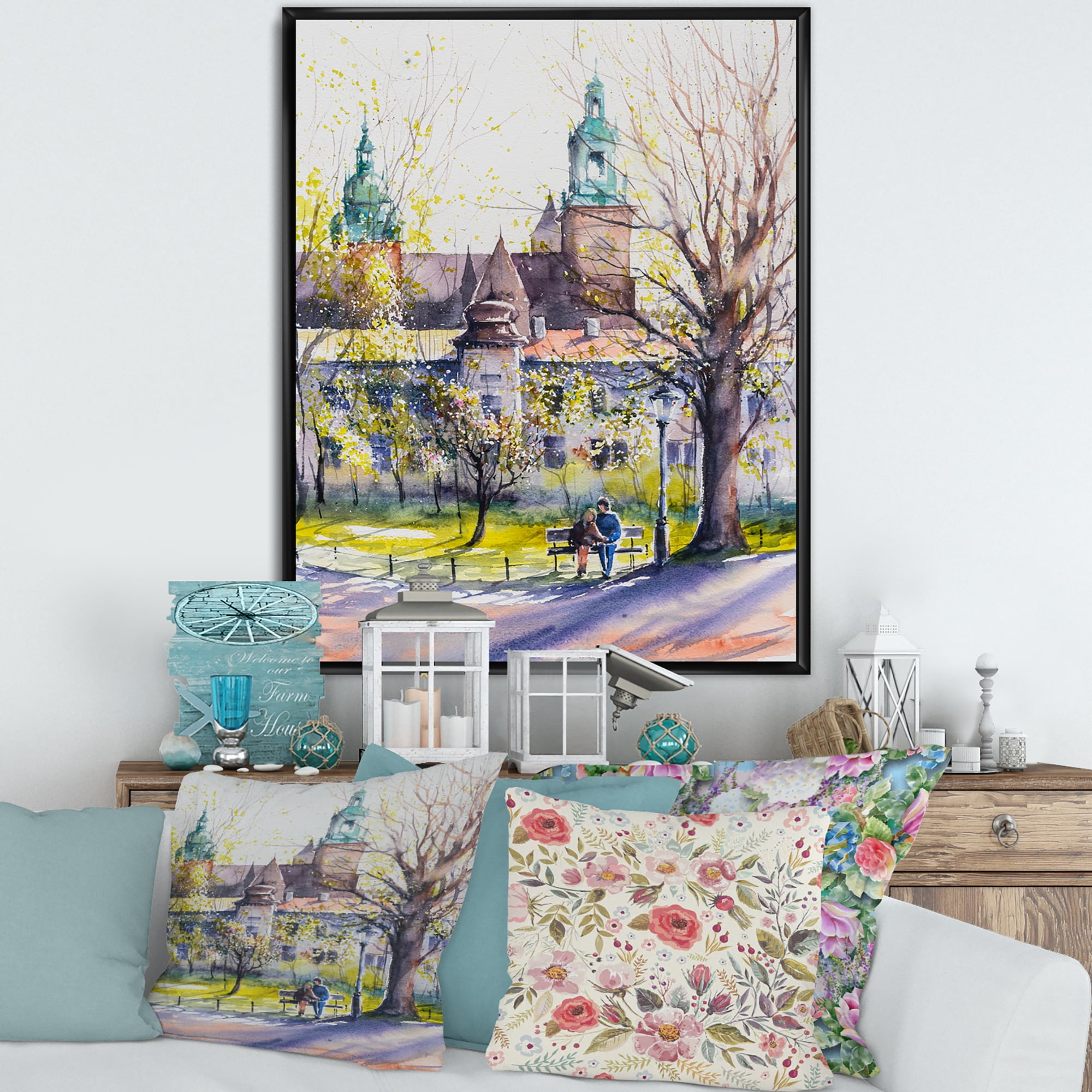 Designart 'Castel Through The Trees of The Park With Couple Sitting on Bench' Country Framed Canvas Wall Art Print