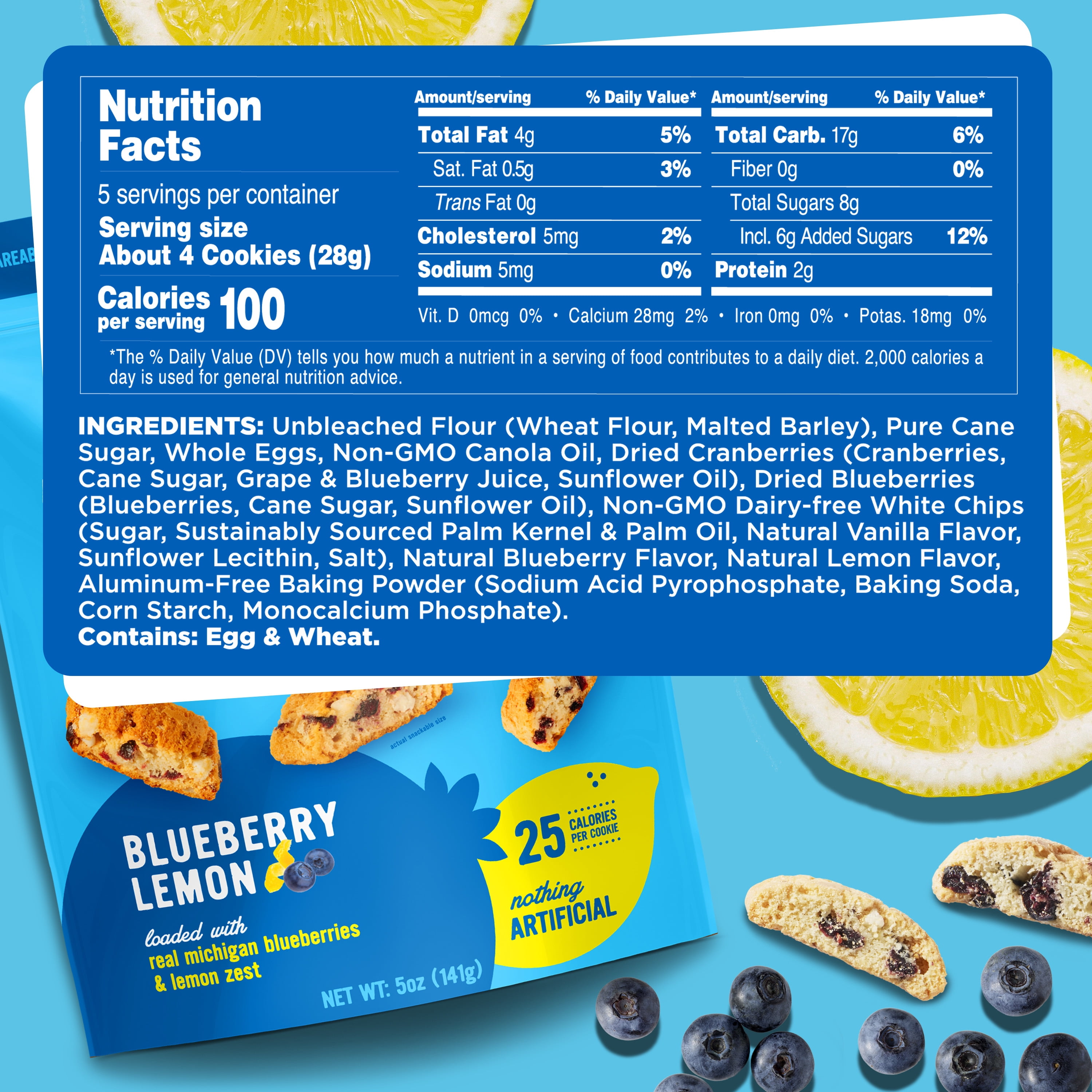 Cooper Street Twice-Baked Lemon Blueberry Biscotti Mini Biscotti Cookies – Dairy, Peanut & Soy Free, Kosher - 5oz - 6 Pack
